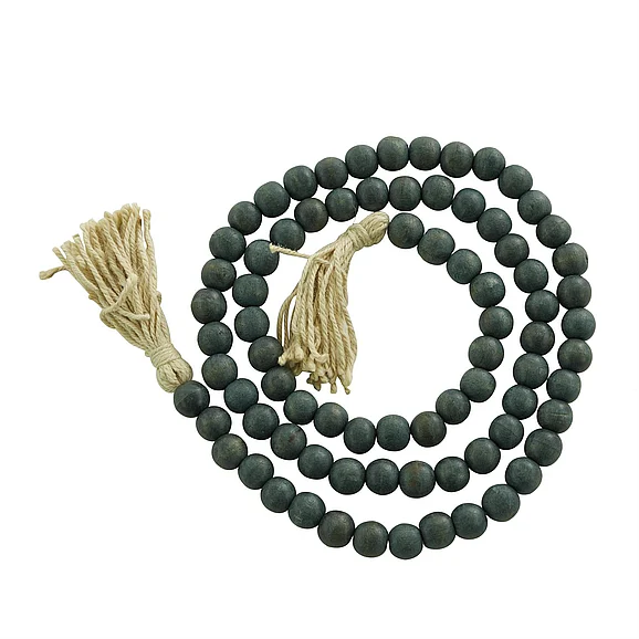 UMA Green Mango Wood Handmade Round Long Carved Beaded Garland with Tassel, 80" x 1" x 1" | 89650