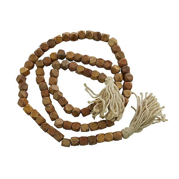 UMA Dark Brown Mango Wood Handmade Hexagon Carved Geometric Long Beaded Beaded Garland with Tassel, 80" x 1" x 1" | 89655 CLOSEOUT