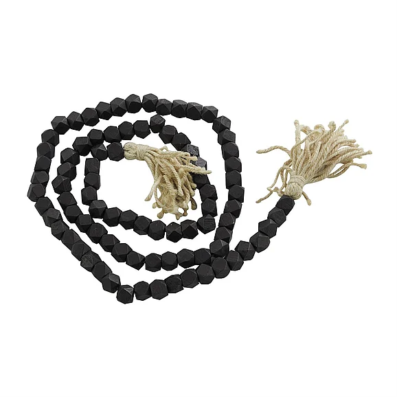 UMA Black Mango Wood Handmade Hexagon Carved Geometric Long Beaded Garland with Tassel, 80 x 1 x 1 | 89656