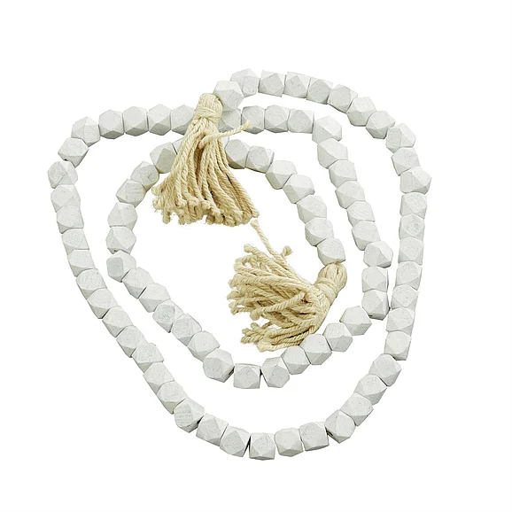 UMA White Mango Wood Handmade Hexagon Carved Geometric Long Beaded Garland with Tassel, 80 x 1 x 1 | 89657