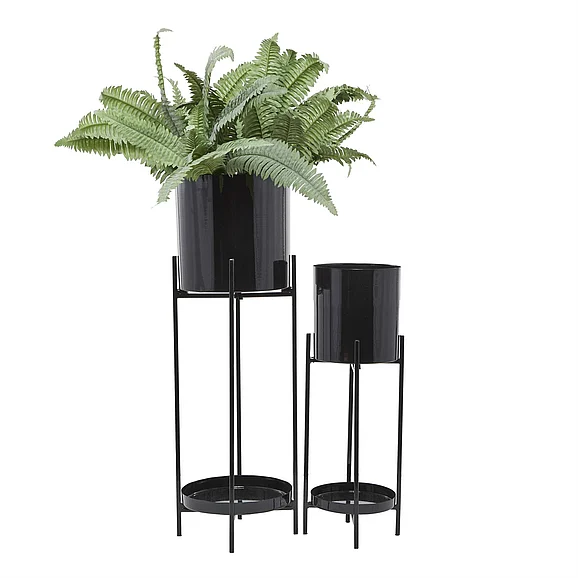 UMA CosmoLiving by Cosmopolitan Black Metal Indoor Outdoor Planter with Lower Shelf and Removable Stand, Set of 2 24, 32H | 89910 CLOSEOUT