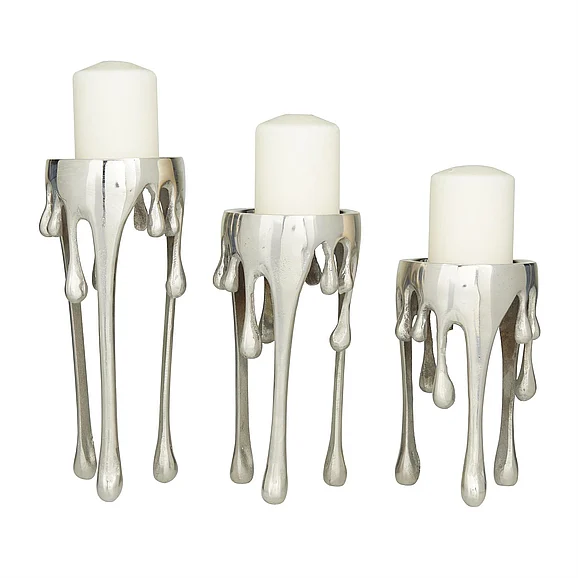 UMA CosmoLiving by Cosmopolitan Silver Aluminum Metal Abstract Melting Drip Decorative Candle Holder with Dripping Melting Designed Legs, (Set of 3) 12, 10, 8H | 89929