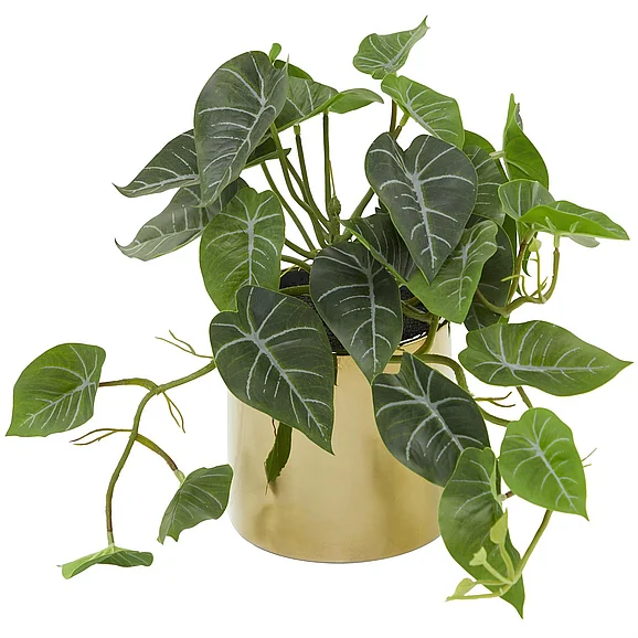 UMA Green Faux Foliage Pothos Indoor Outdoor Artificial Plant with Realistic Leaves and Gold Porcelain Pot, 14" x 14" x 12" | 89990