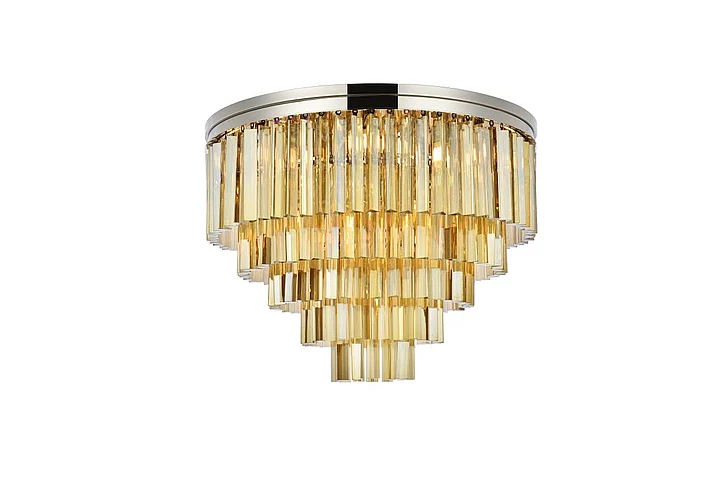 Elegant Sydney 17 Light Polished Nickel Flush Mount Golden Teak (Smoky) Royal Cut Crystal 1201F32PN-GT/RC