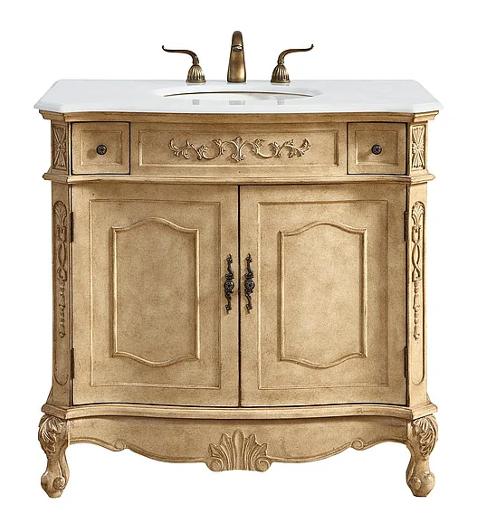 Elegant 36 In. Single Bathroom Vanity in Antique Beige with Ivory White Engineered Marble VF10136AB-VW