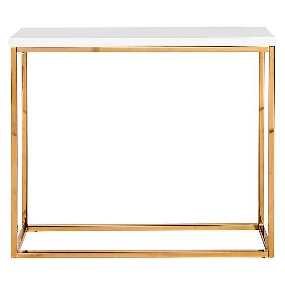 Euro Style Teresa Console Table in White with Brushed High Gloss Gold Stainless Steel Frame 90179WHT CLOSEOUT