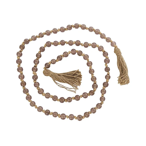UMA Pink Glass Handmade Round Long Beaded Beaded Garland with Tassel with Knotted Brown Jute, 83" x 1" x 1" | 90302 CLOSEOUT
