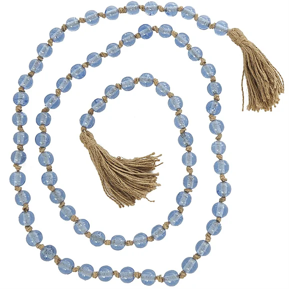 UMA Light Blue Glass Handmade Round Long Beaded Garland with Tassel with Knotted Brown Jute, 87" x 3" x 1" | 90312 CLOSEOUT
