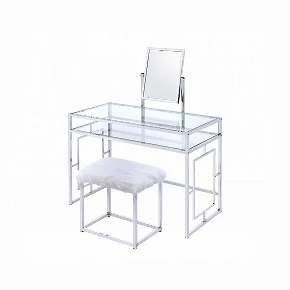 ACME Carenze II Vanity Set in White Faux Fur and Chrome 90314