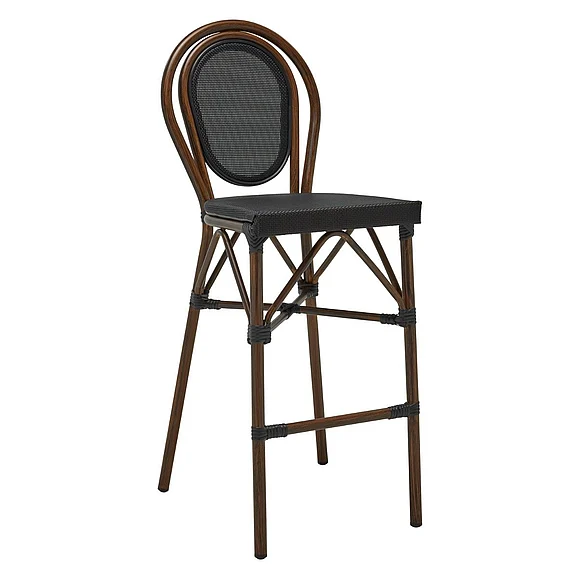 Euro Style Erlend Outdoor Bar Stool in Black Textylene Mesh with Brown Frame 90391-BLK CLOSEOUT