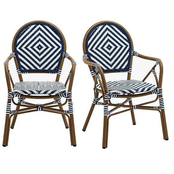 Euro Style Orla Stackable Outdoor Armchair in Blue/White Polyethylene Rattan with Light Brown Powder Coated Frame 90528 (Set of 2) CLOSEOUT