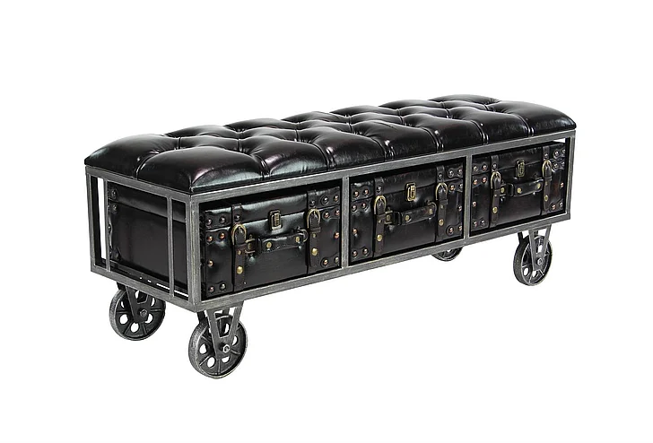 UMA Black Faux Leather Tufted Upholstered 3 Trunk Room Storage Bench with Industrial Wheels and Gold Studded Accents, 47 x 16 x 19 | 90660