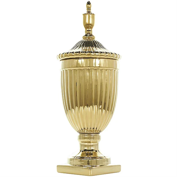 UMA Gold Ceramic Tall Living Room Decorative Jars with Grooves and Lid, 10" x 10" x 25" | 90688