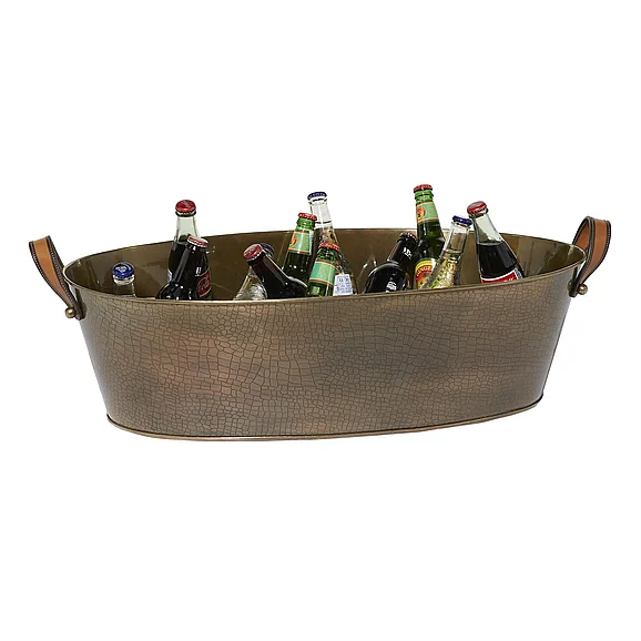 UMA Bronze Stainless Steel Metal Long Ice Bucket with Leather Strap Handles, 32" x 17" x 10" | 90991