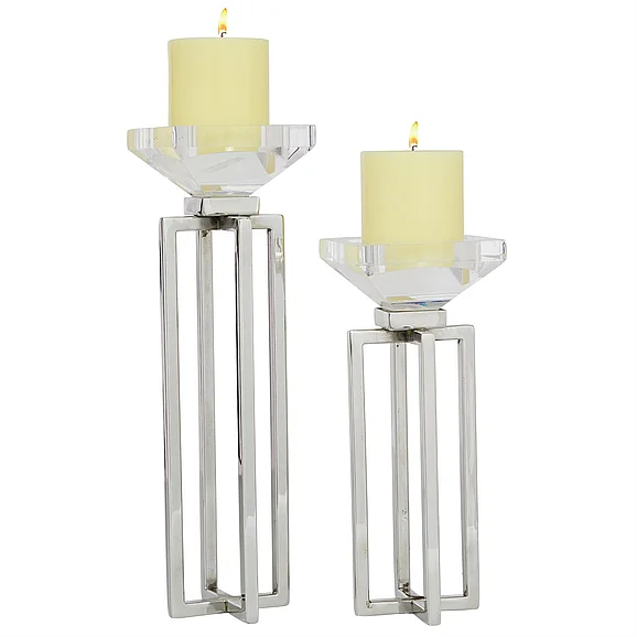 UMA Silver Stainless Steel Metal Geometric Decorative Candle Holder with Diamond Inspired Top, Set of 2 10, 13H | 90997 CLOSEOUT