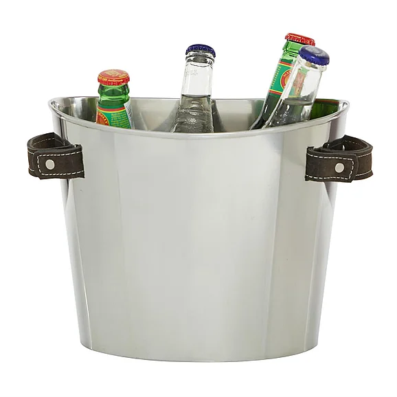 UMA Silver Stainless Steel Metal 6 Bottle Ice Bucket with Leather Strap Handles, 12" x 8" x 8" | 91022 CLOSEOUT