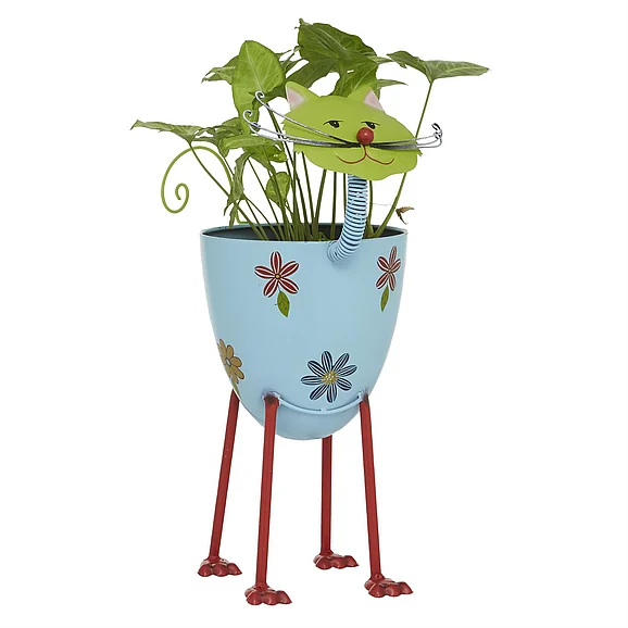 UMA Blue Metal Cat Indoor Outdoor Planter with Flower Pattern, 16 x 8 x 19 | 91453