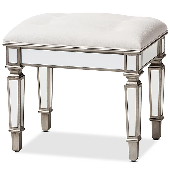 Baxton Studio Marielle Off White Upholstered Mirrored Ottoman Vanity Bench 9182