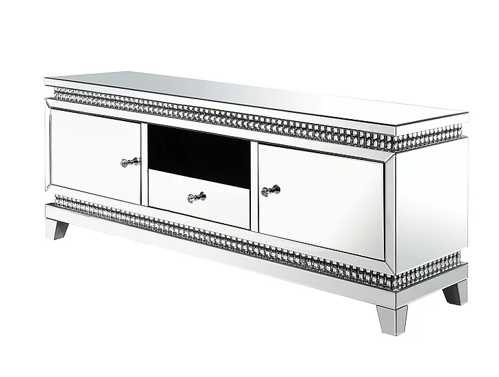ACME Lotus TV Stand in Mirrored, Faux Ice Cube Crystals 91835