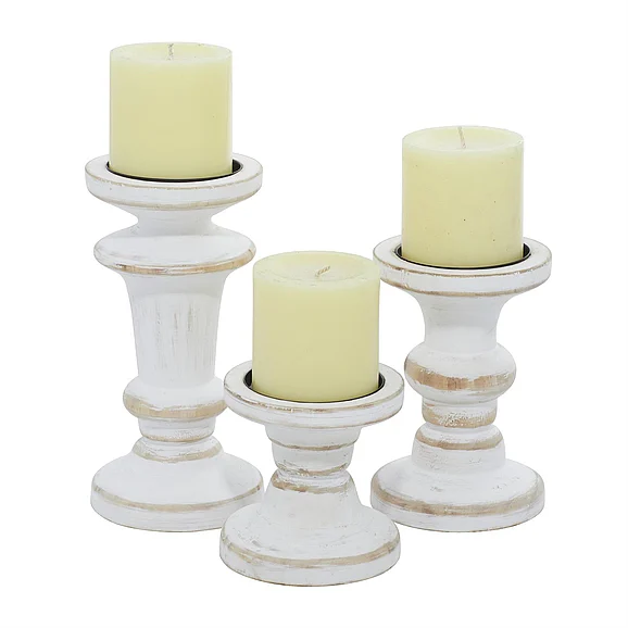 UMA White Wood Decorative Candle Holder, (Set of 3) 8, 6, 4H | 91853