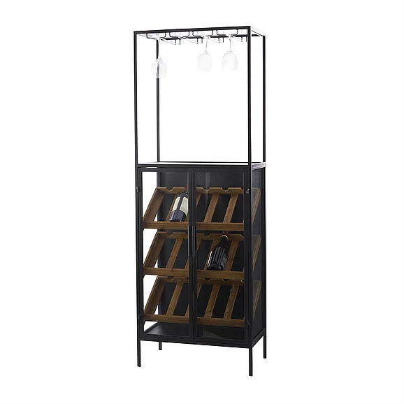 UMA Black Wood 15 Bottle Storage Standing Wine Rack with Wine Glass Holders and Wood Accents, 24 x 14 x 67 | 91953