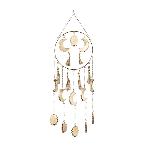 UMA Gold Mango Wood Sun and Moon Indoor Outdoor Windchime with Tassels, 16" x 0" x 42" | 91993 CLOSEOUT