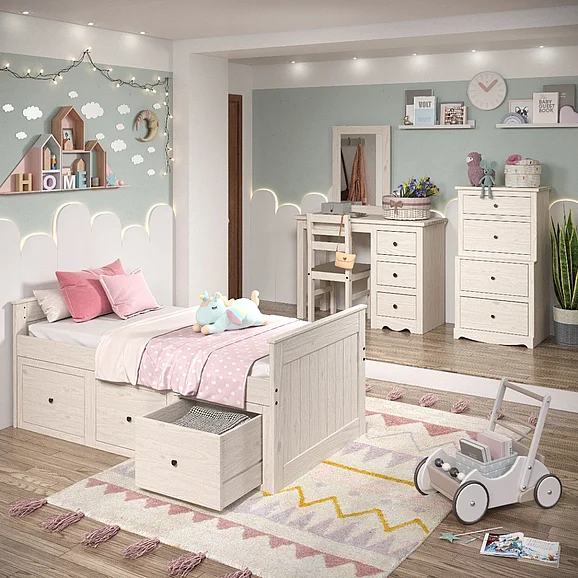 Pine Crafter Furniture Heartland 4pc Heartland Twin Captain Bedroom Set w/(3) Under Bed Drawer Storage Units in Antique White