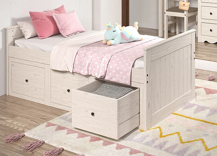 Pine Crafter Furniture Heartland Twin Captain Bed w/(3)Under Bed Drawer Storage Units in Antique White 91X-Atq