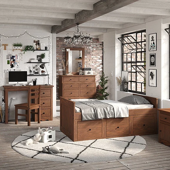Pine Crafter Furniture Heartland 4pc Heartland Twin Captain Bed w/(3) Under Bed Drawer Storage Units in Mahogany Brown