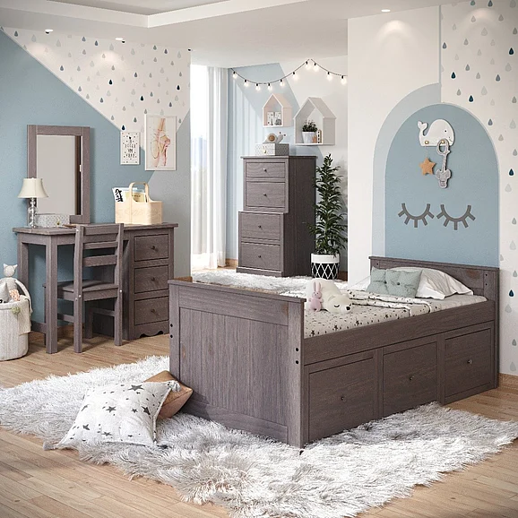 Pine Crafter Furniture Heartland 4pc Heartland Twin Captain Bed w/(3) Under Bed Drawer Storage Units in Walnut Gray