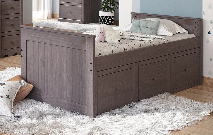 Pine Crafter Furniture Heartland Twin Captain Bed w/(3)Under Bed Drawer Storage Units in Walnut Gray 91X-Wal