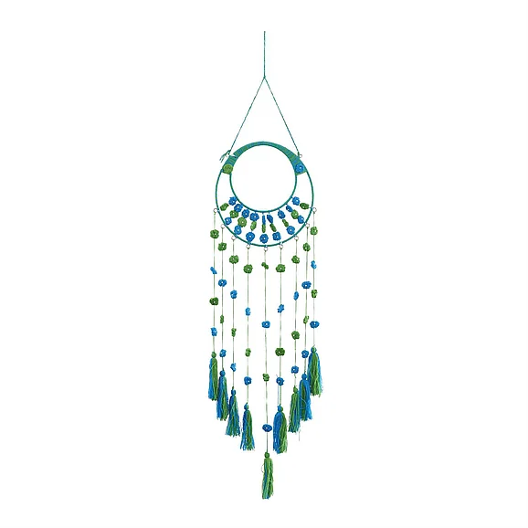 UMA Blue Wool Fabric Macrame Floral Wall Decor with Tassels and Pearls, 13" x 0" x 47" | 92002 CLOSEOUT