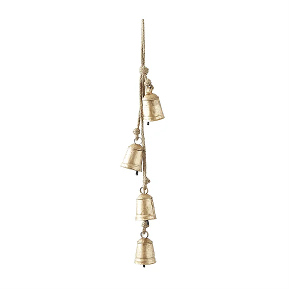 UMA Gold Metal Handmade Tibetan Inspired Indoor Outdoor Decorative Cow Bells with 4 Bells on Jute Hanging Rope, 4" x 3" x 29" | 92004