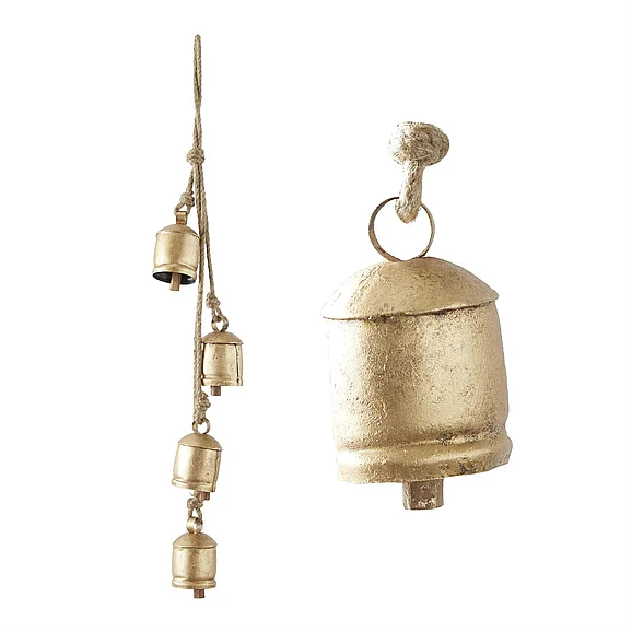 UMA Gold Metal Tibetan Inspired Indoor Outdoor Decorative Cow Bells with 4 Bells on Jute Hanging Rope, 4" x 3" x 29" | 92006