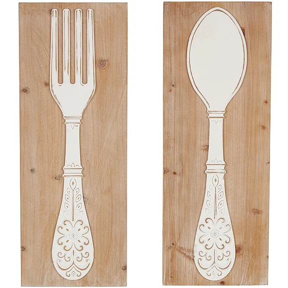 UMA Brown Wooden Utensils Home Wall Decor with Carved White Floral Designs, Set of 2 12W, 32H | 92145