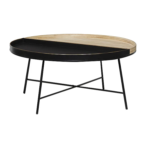 UMA Black Metal Two-Toned Wood Split Tray Living Room Coffee Table, 38" x 38" x 18" | 92167