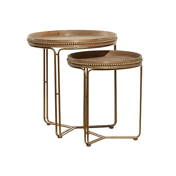 UMA Brown Wooden Round Beaded Nesting Side End Accent Table with Gold Metal Stand, Set of 2 26, 22H | 92171
