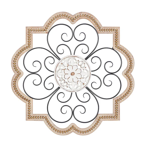 UMA Brown Wooden Scroll Carved Beading Home Wall Decor with Metal Accents, 27" x 1" x 27" | 92175