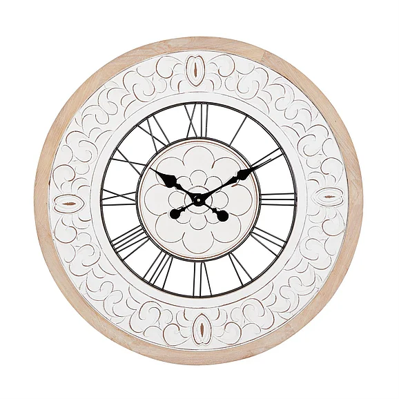 UMA White Wooden Floral Carved Decorative Wall Clock with Black Metal Accents, 32" x 2" x 32" | 92177