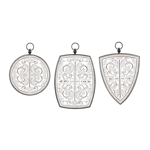 UMA White Wooden Floral Carved Design Home Wall Decor with Ring Hanger, Set of 3 23, 24, 19H | 92178