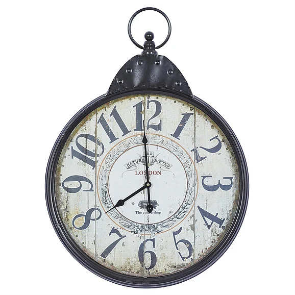 UMA Black Metal Distressed Pocket Watch Inspired Decorative Wall Clock with Beige Clockface, 20" x 4" x 28" | 92217