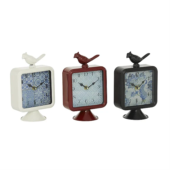 UMA Multi Colored Metal Bird Decorative Clock, 3 Assorted 6"W, 9"H | 92282 CLOSEOUT