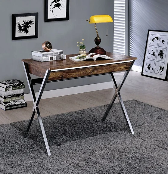 ACME Callers Writing Desk in Weathered Oak and Chrome 92340