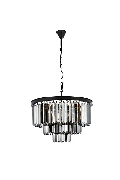 Elegant Sydney 9 Light Matte Black Chandelier Silver Shade (Grey) Royal Cut Crystal 1231D26MB-SS/RC