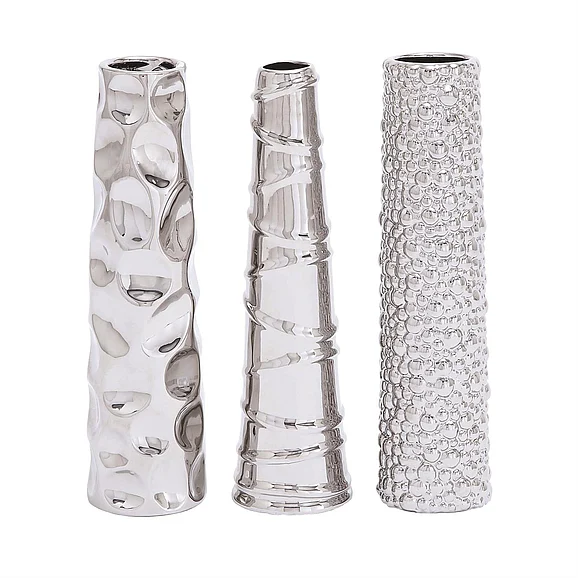 UMA Silver Ceramic Slim Cone Shaped Decorative Vase with Varying Textures, 3 Assorted 12"H, 3"W | 92553