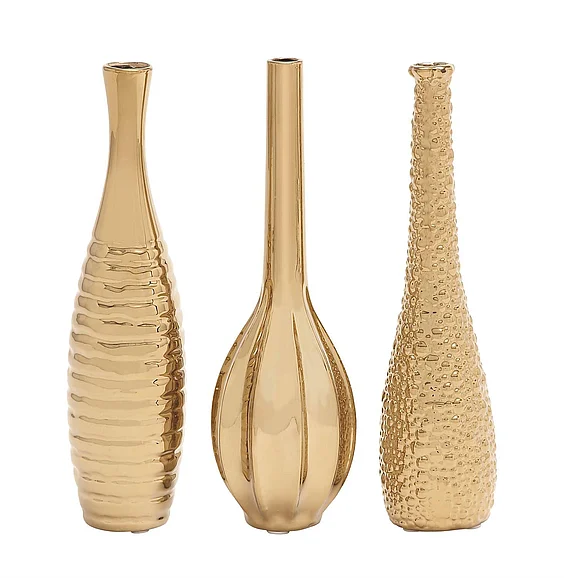 UMA Gold Ceramic Slim Textured Bottleneck Decorative Vase with Varying Patterns, 3 Assorted 4"W, 12"H | 92558