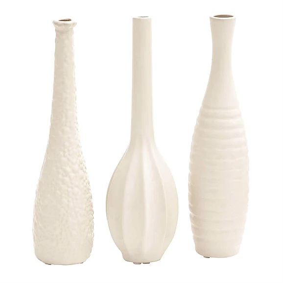 UMA CosmoLiving by Cosmopolitan White Ceramic Slim Textured Bottleneck Decorative Vase with Varying Patterns, 3 Assorted 3"W, 12"H | 92562