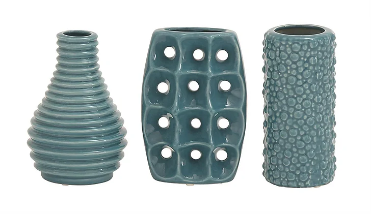 UMA Blue Ceramic Decorative Vase with Varying Patterns (Set of 3) 92575