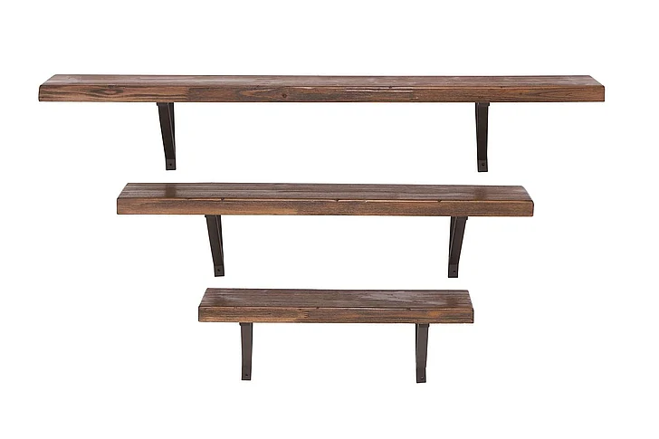 UMA Brown Wood Geometric Minimalistic Room Wall Shelf with Black Metal Brackets, Set of 3 48, 36, 24W | 92602