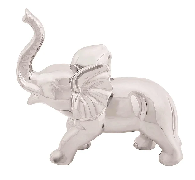 UMA Silver Porcelain Ceramic Elephant Decorative Sculpture, 12" x 4" x 12" | 92871